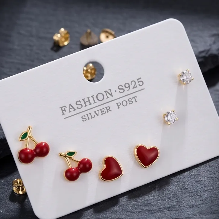 Golden Charm Stud Earring Set (3 Pairs) - Cherries, Hearts, and CZ